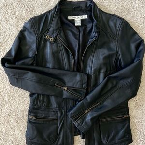 Womens Black Leather Tailored Jacket - Motorcycle Collar Style